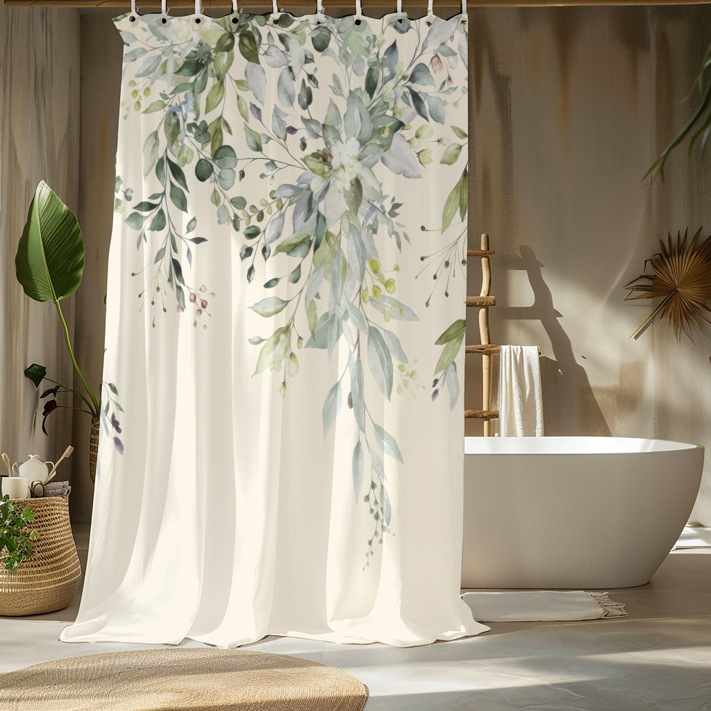Watercolor Sage and Cream Eucalyptus Shower Curtains, Boho Bathroom Decor