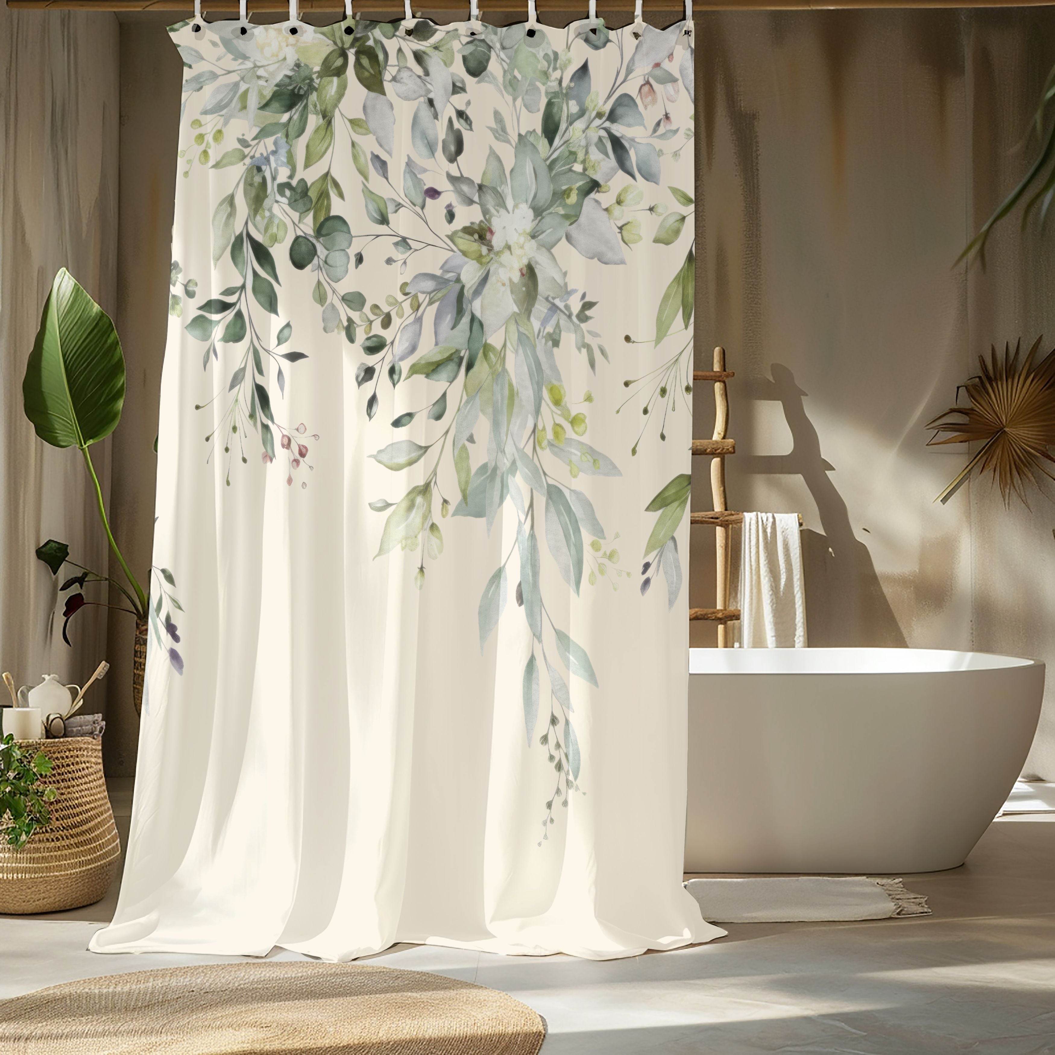Watercolor Sage and Cream Eucalyptus Shower Curtains, Boho Bathroom Decor