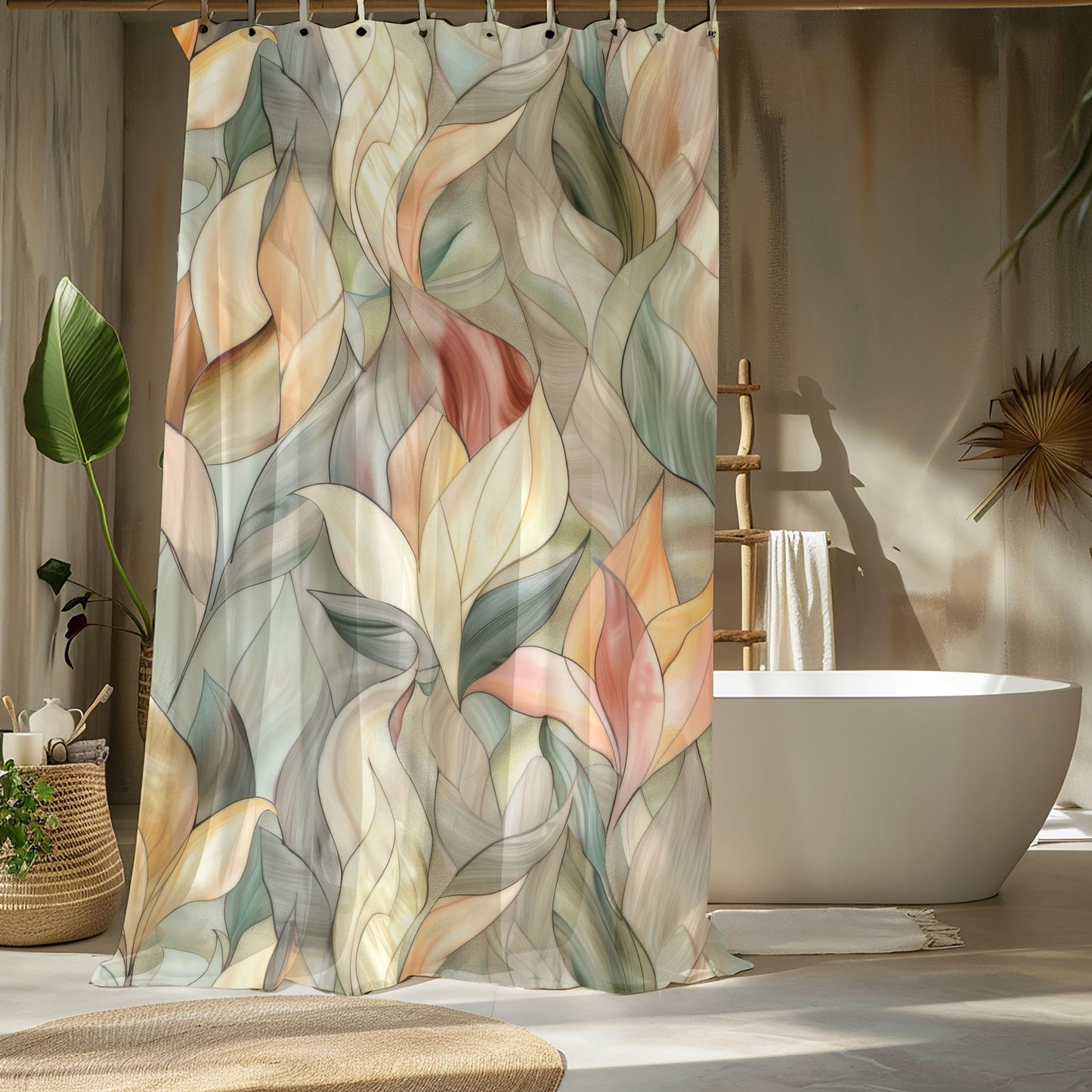 Stained Glass Leaves Design Shower Curtains, Minimalist Calming Botanical Bathroom