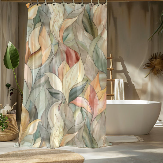 Stained Glass Leaves Design Shower Curtains, Minimalist Calming Botanical Bathroom