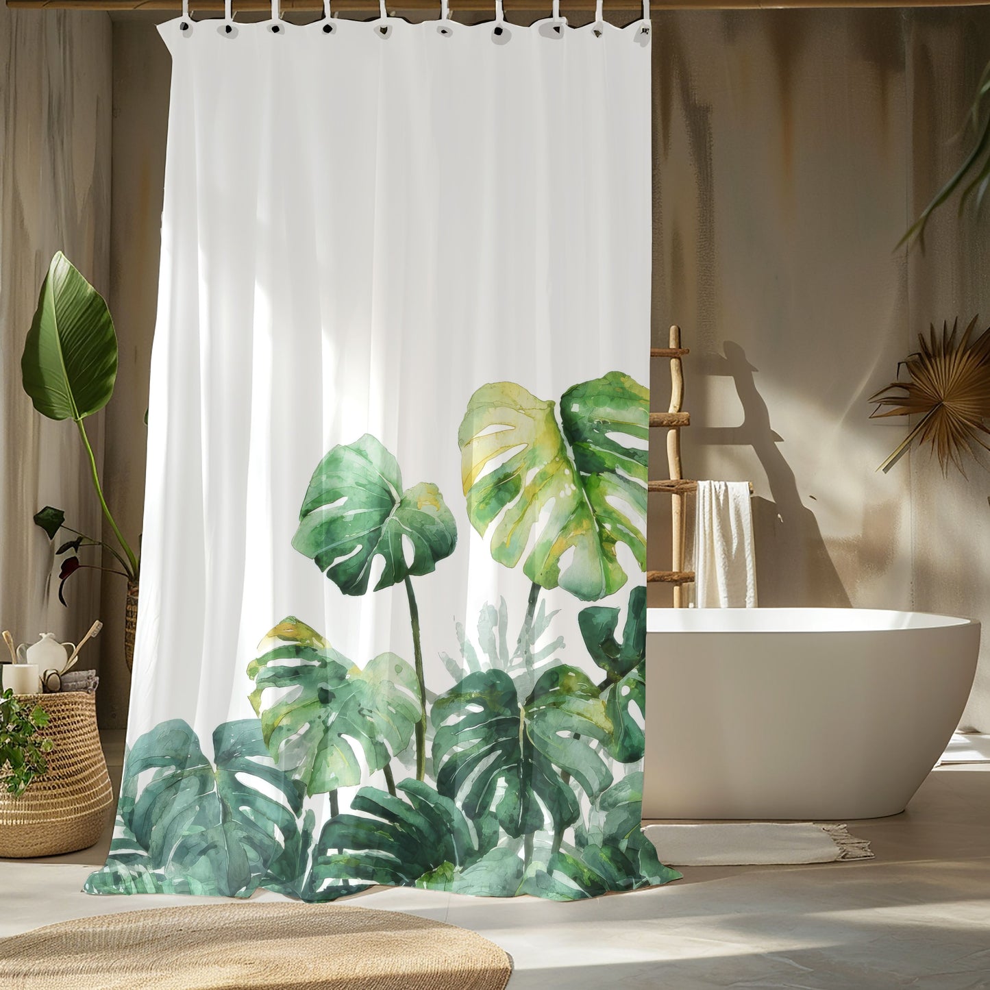 Watercolor Monstera Shower Curtains, Bright Tropical Botanical Bathroom Decor