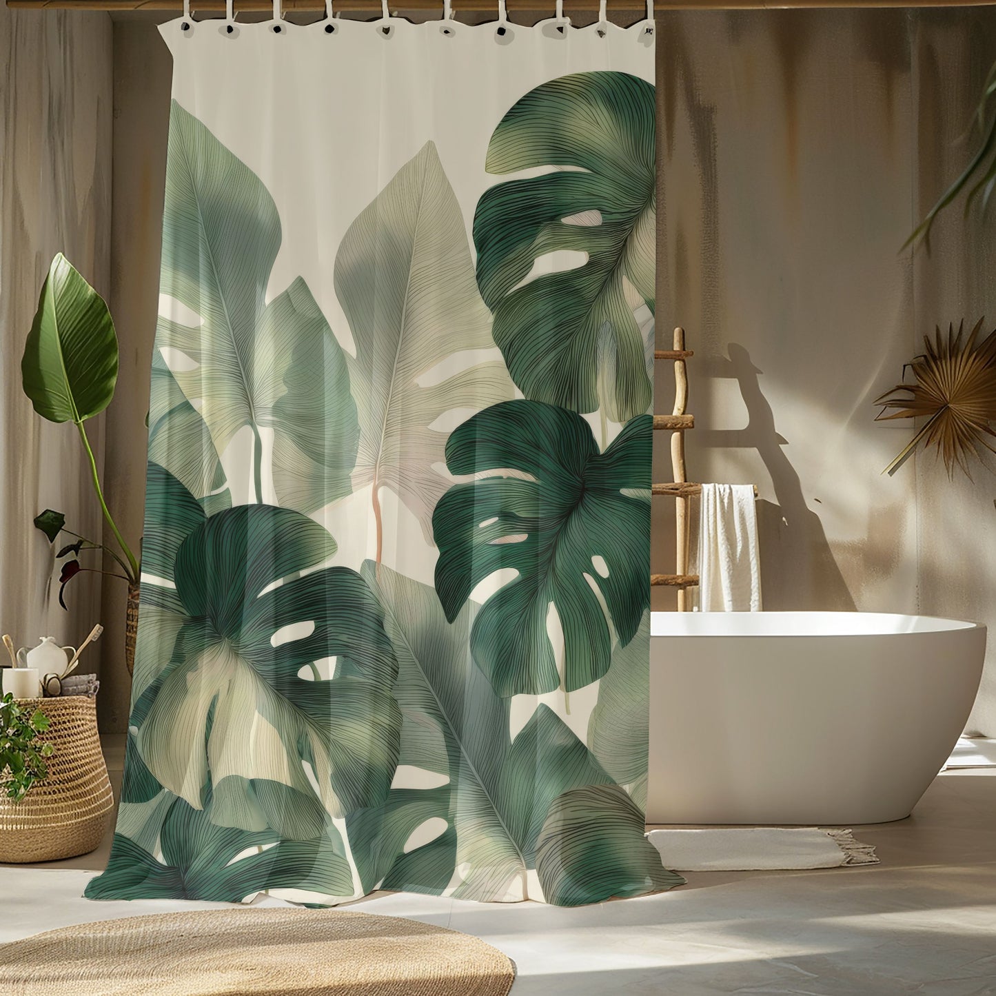 Monstera Shower Curtains, Tropical Botanical Bathroom Decor