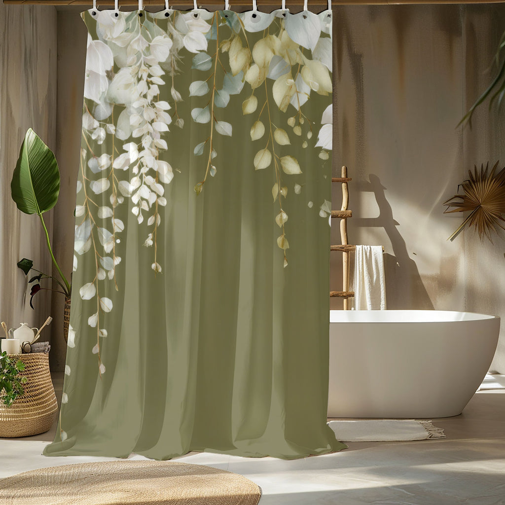 Olive Green Eucalyptus Shower Curtains, Modern Earthy Minimalist Bathroom