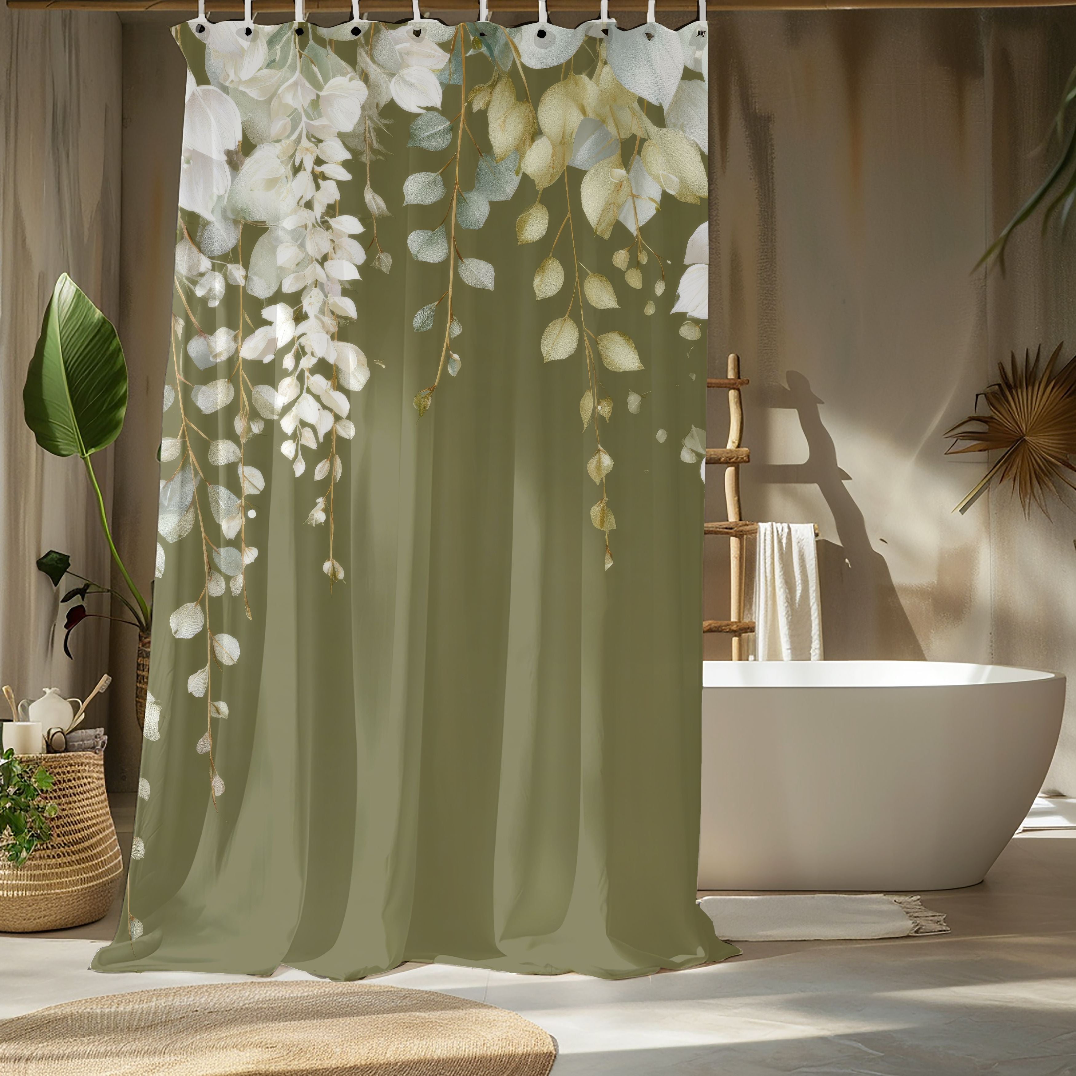 Olive Green Eucalyptus Shower Curtains, Modern Earthy Minimalist Bathroom