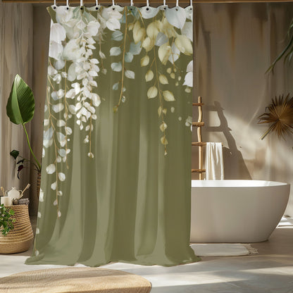 Olive Green Eucalyptus Shower Curtains, Modern Earthy Minimalist Bathroom