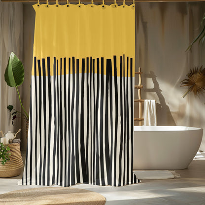 Abstract Birch Shower Curtains, Mustard and Charcoal Japandi Minimalist Bath Art