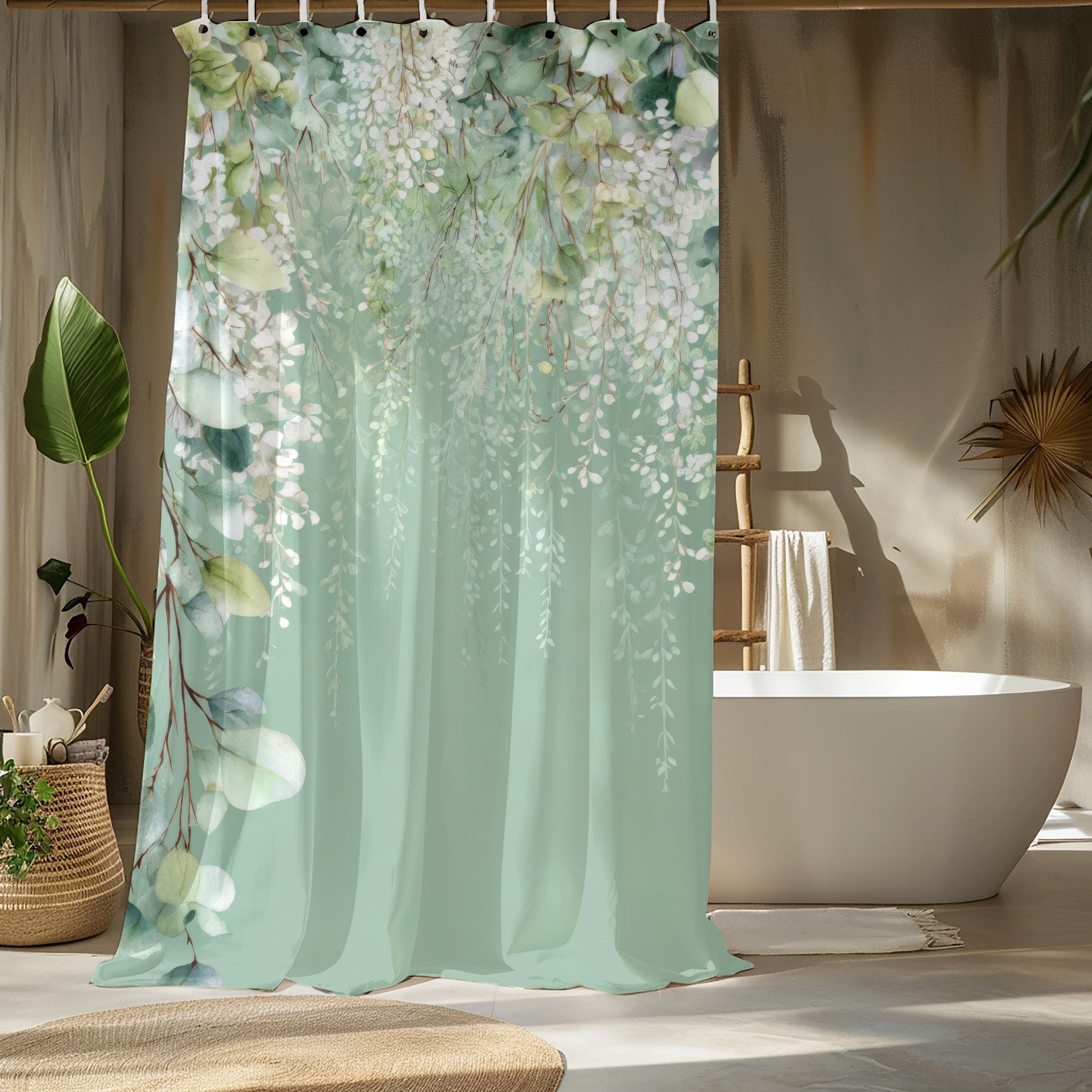 Cascading White Wisteria & Sage Eucalyptus Shower Curtains, Serene Luxury Bathroom Decor