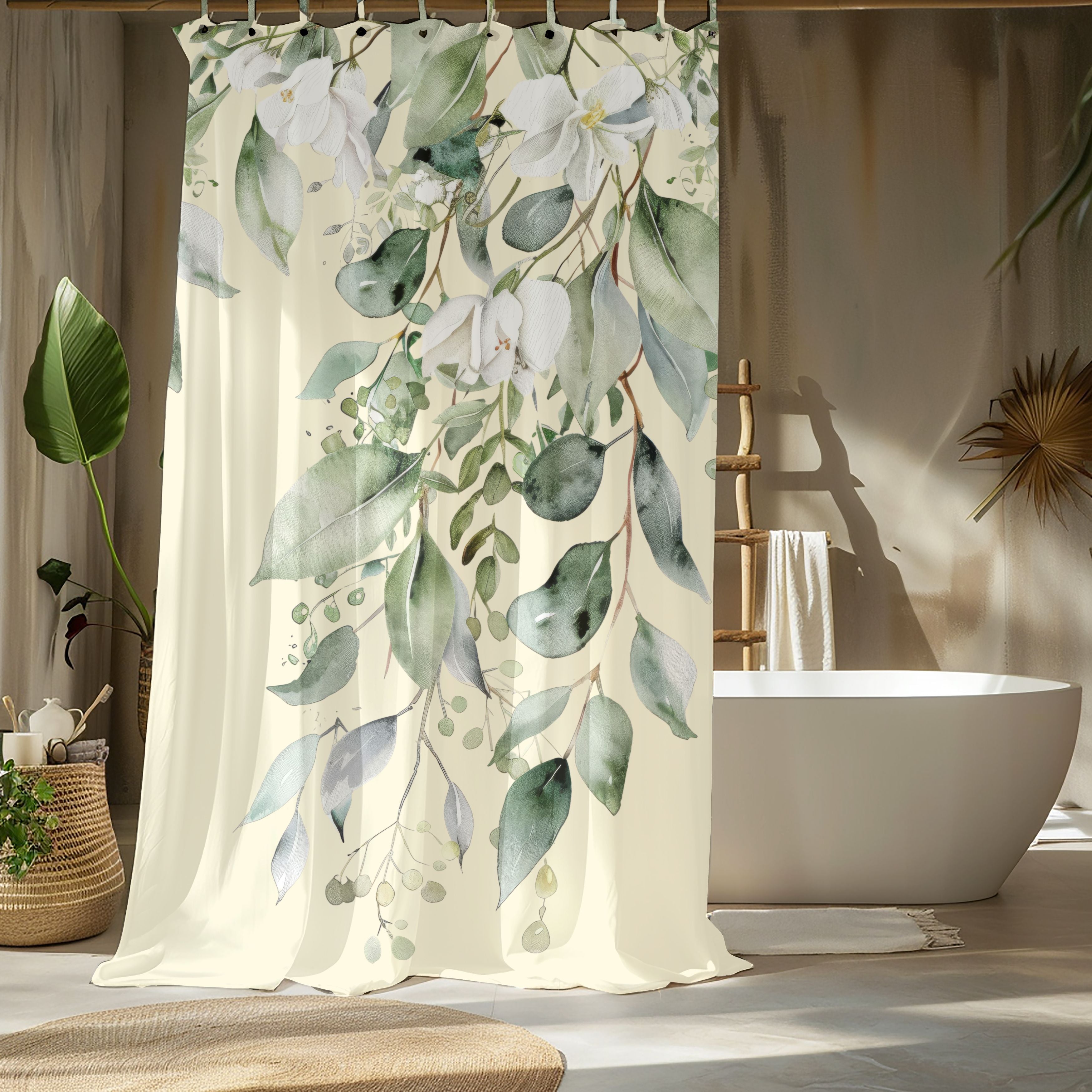 Soft Sage and Cream Eucalyptus Shower Curtains, Watercolor Floral Bathroom Decor