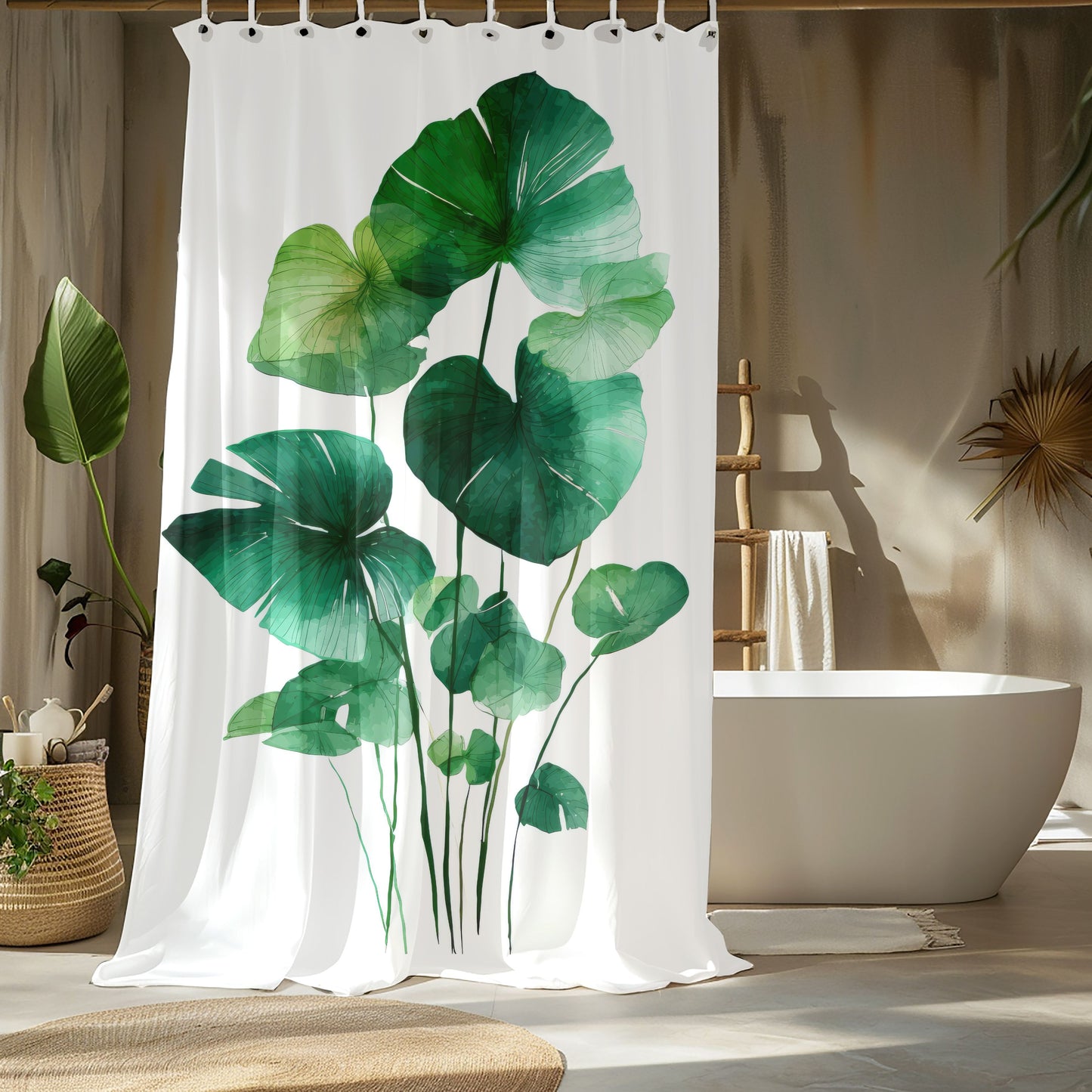 Watercolor Monstera Shower Curtains, Tropical Botanical Bathroom Decor