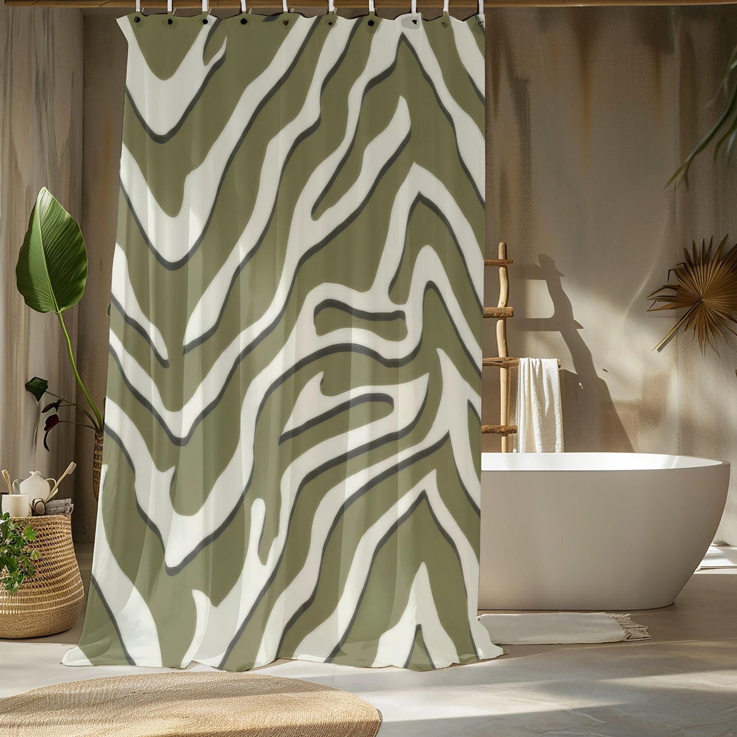 Sage Green Zebra Print Shower Curtains, Modern Chevron Animal Print Bathroom Decor