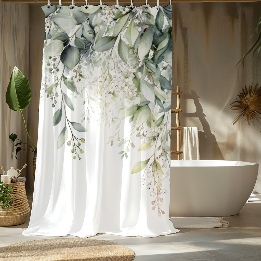 Watercolor Eucalyptus Shower Curtains, Botanical Green Bathroom Decor