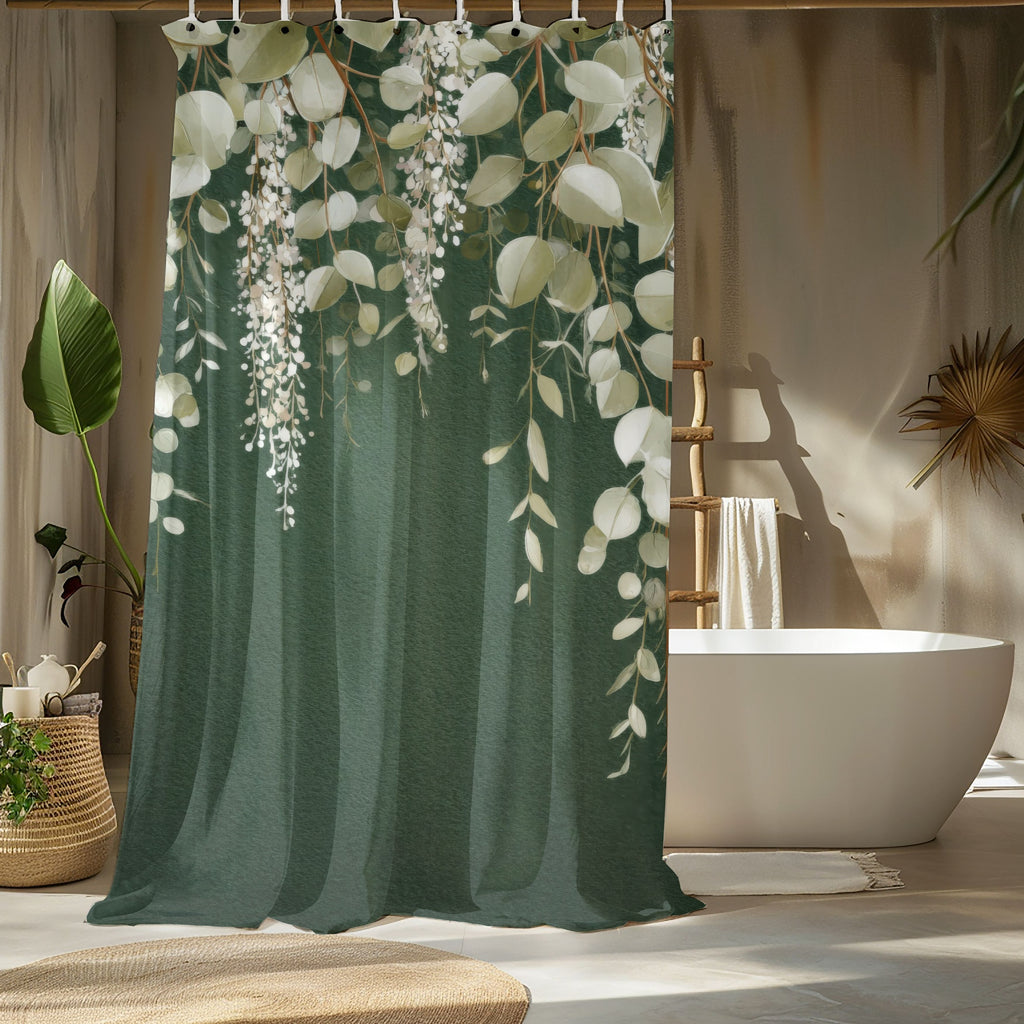 Dark Green Eucalyptus Shower Curtains, Boho Botanical Bathroom Decor