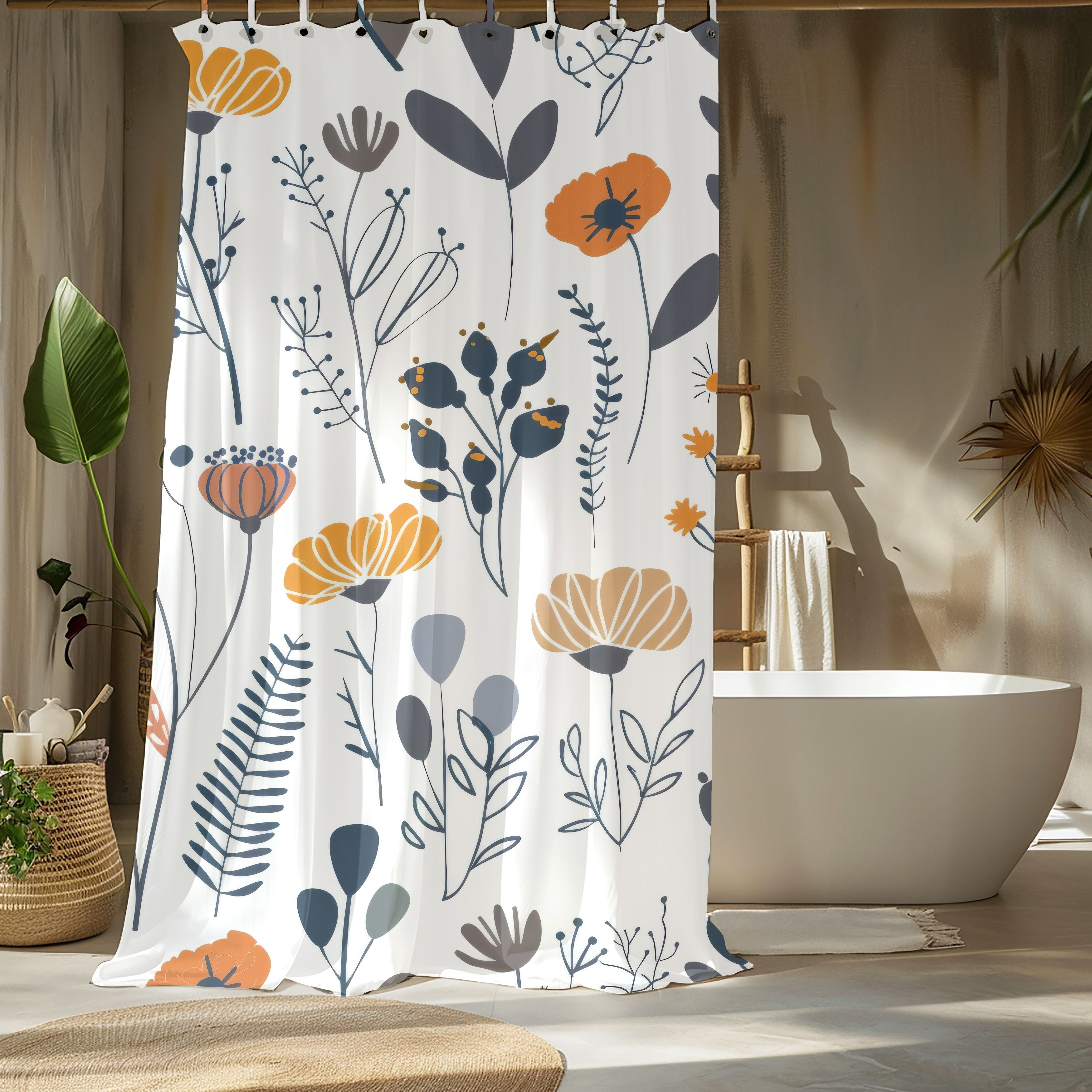 Minimalist Wildflower Shower Curtains, Retro Boho Bathroom Decor