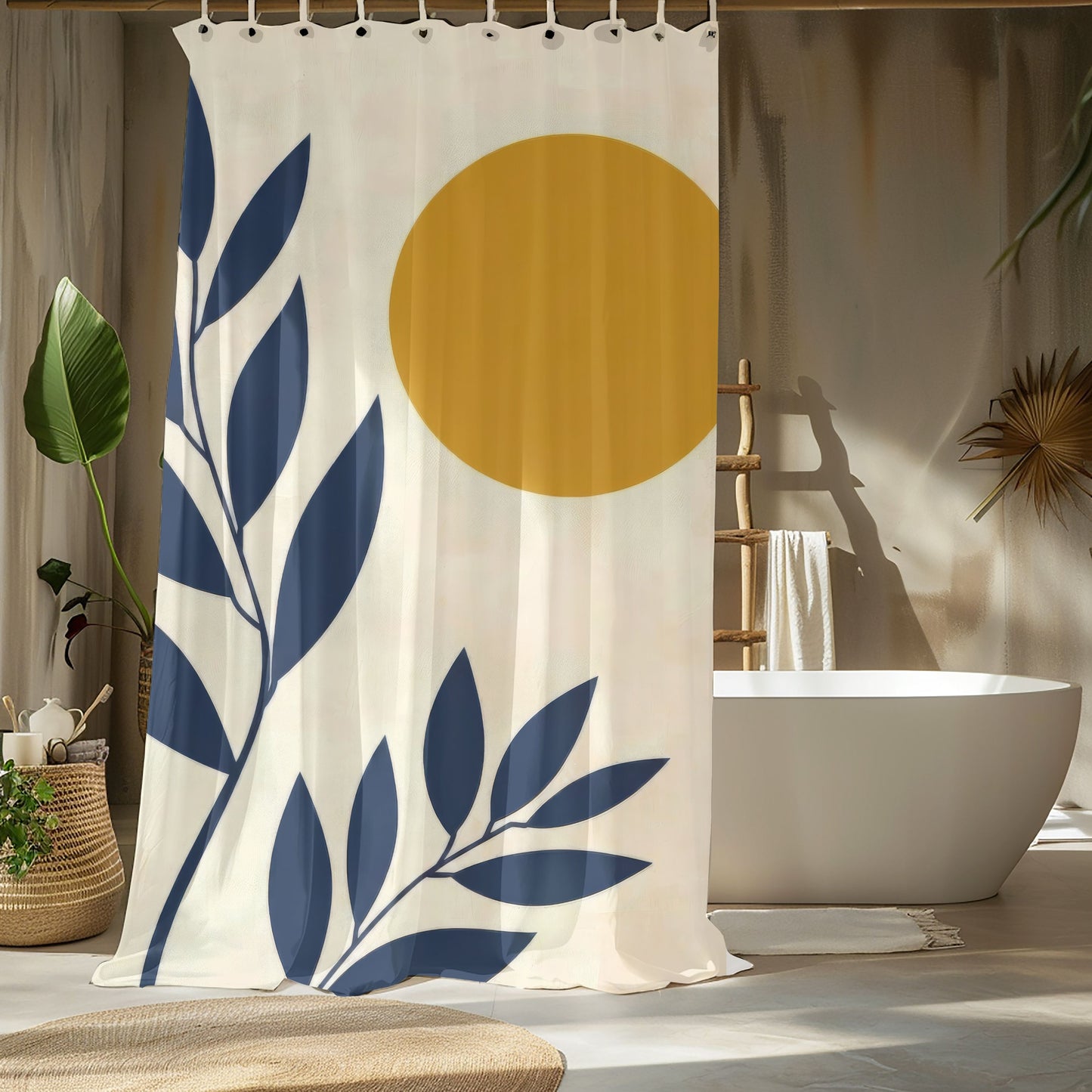 Modern Abstract Navy and Mustard Shower Curtains, Aesthetic Mid Century Scandi Bathroom