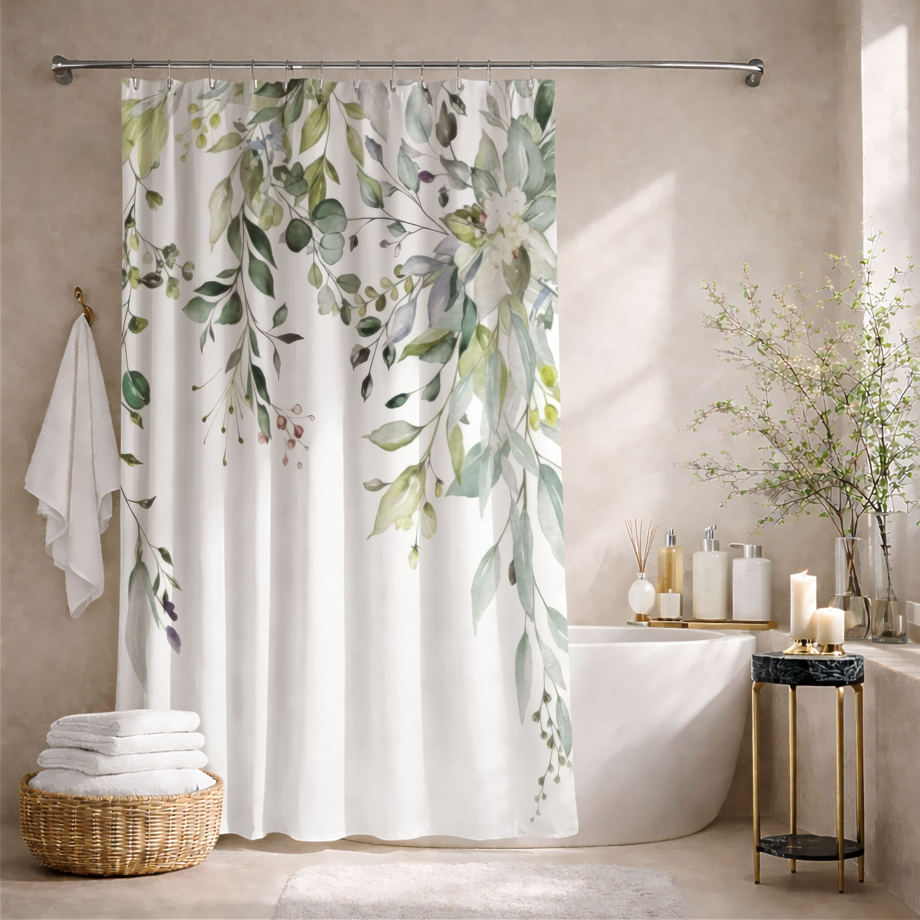 Sage Eucalyptus Shower Curtains, Watercolor Greenery Bathroom Decor