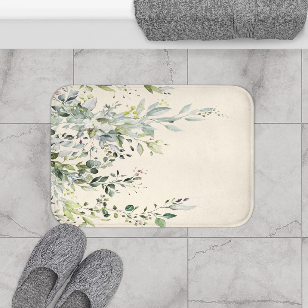 Watercolor Sage and Cream Eucalyptus Bath Mat, Boho Bathroom Decor