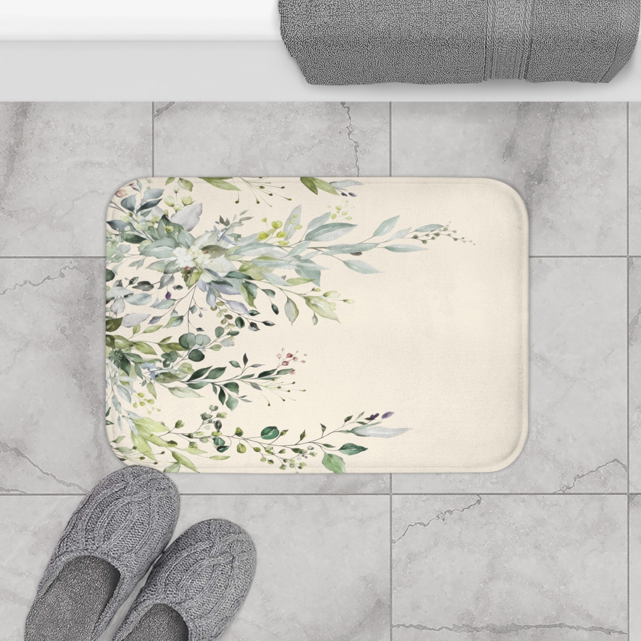 Watercolor Sage and Cream Eucalyptus Bath Mat, Boho Bathroom Decor