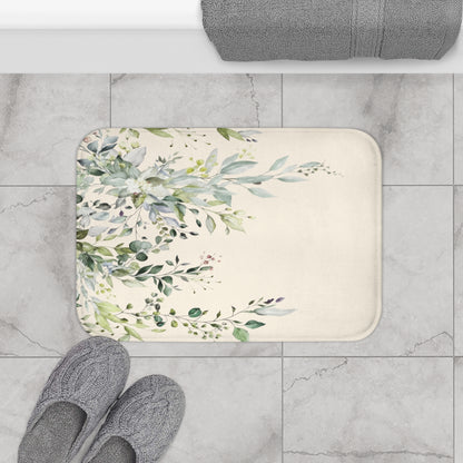 Watercolor Sage and Cream Eucalyptus Bath Mat, Boho Bathroom Decor
