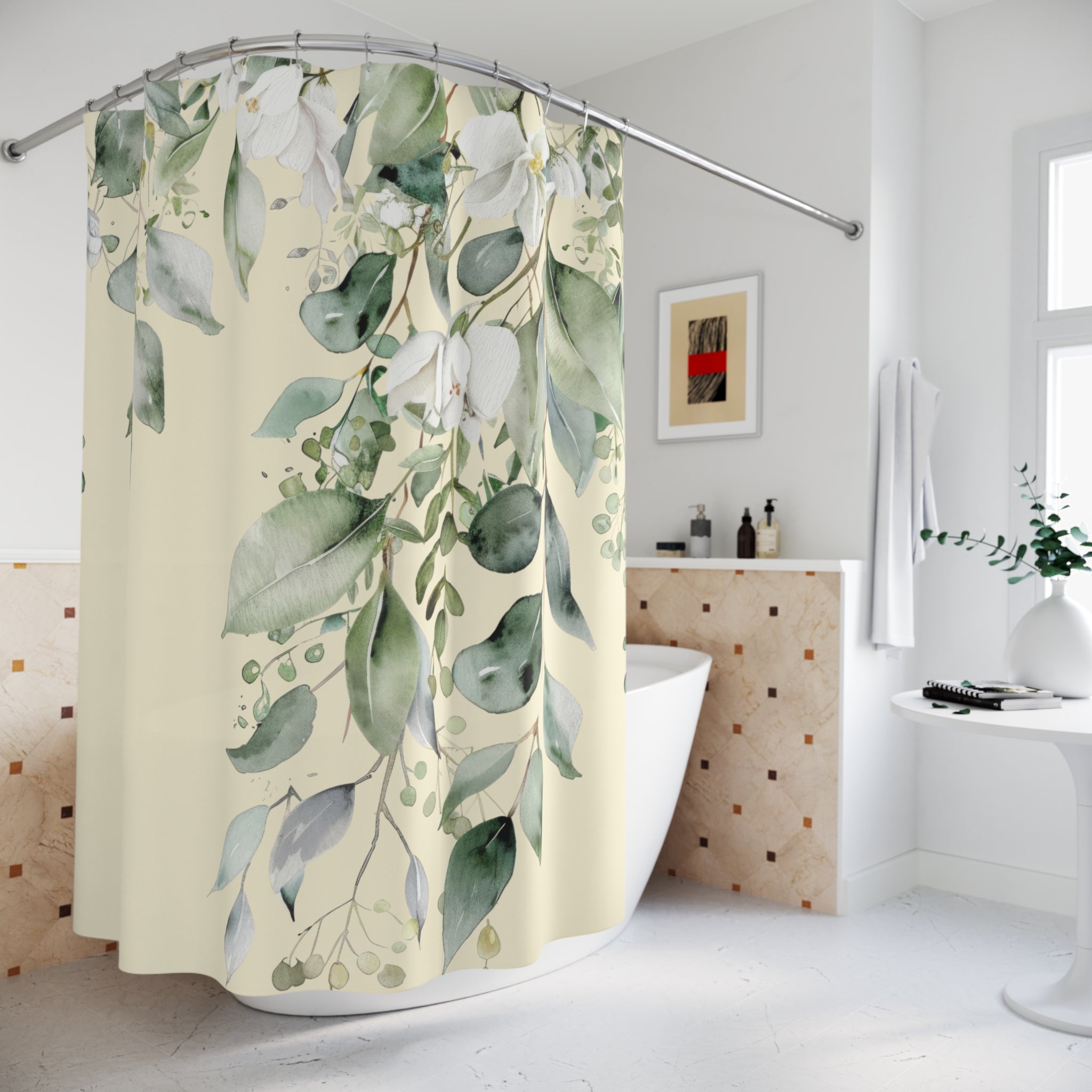 Soft Sage and Cream Eucalyptus Shower Curtains, Watercolor Floral Bathroom Decor