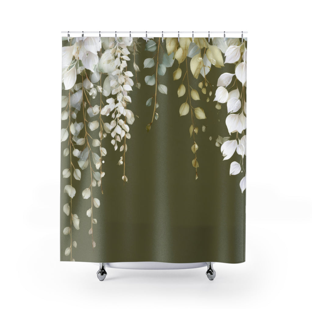 Olive Green Eucalyptus Shower Curtains, Modern Earthy Minimalist Bathroom