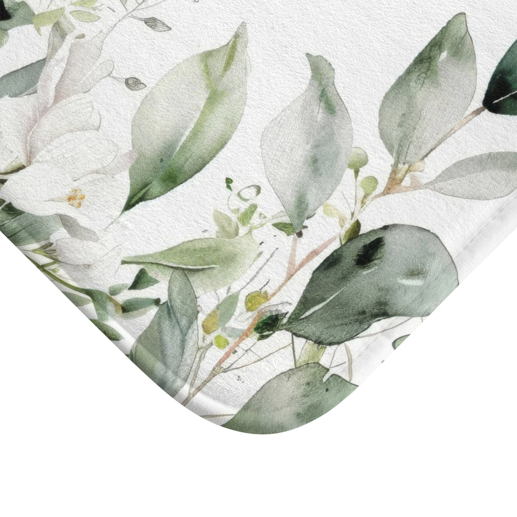 Watercolor Eucalyptus Bath Mat, Botanical Green Bathroom Decor