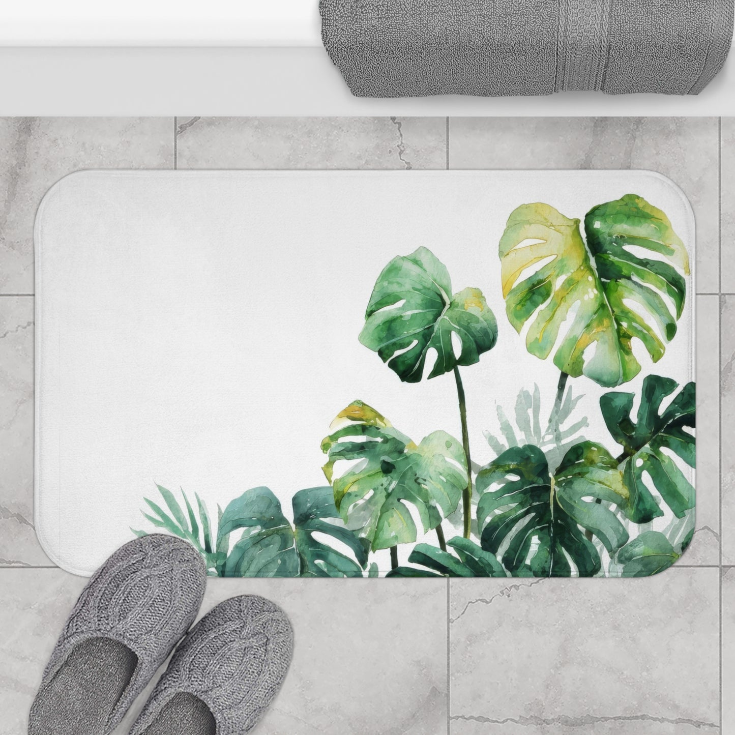 Watercolor Monstera Bath Mat, Bright Tropical Botanical Bathroom Decor