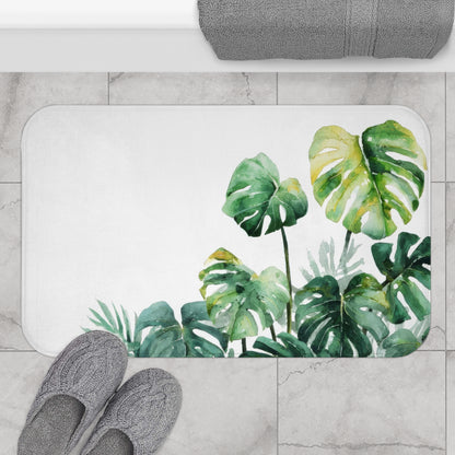Watercolor Monstera Bath Mat, Bright Tropical Botanical Bathroom Decor