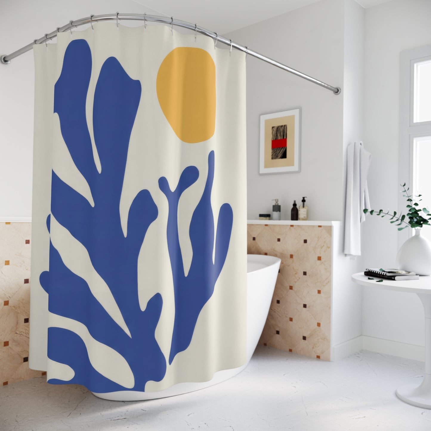 Matisse Coral Shower Curtains, Blue Abstract Coastal Bathroom Decor