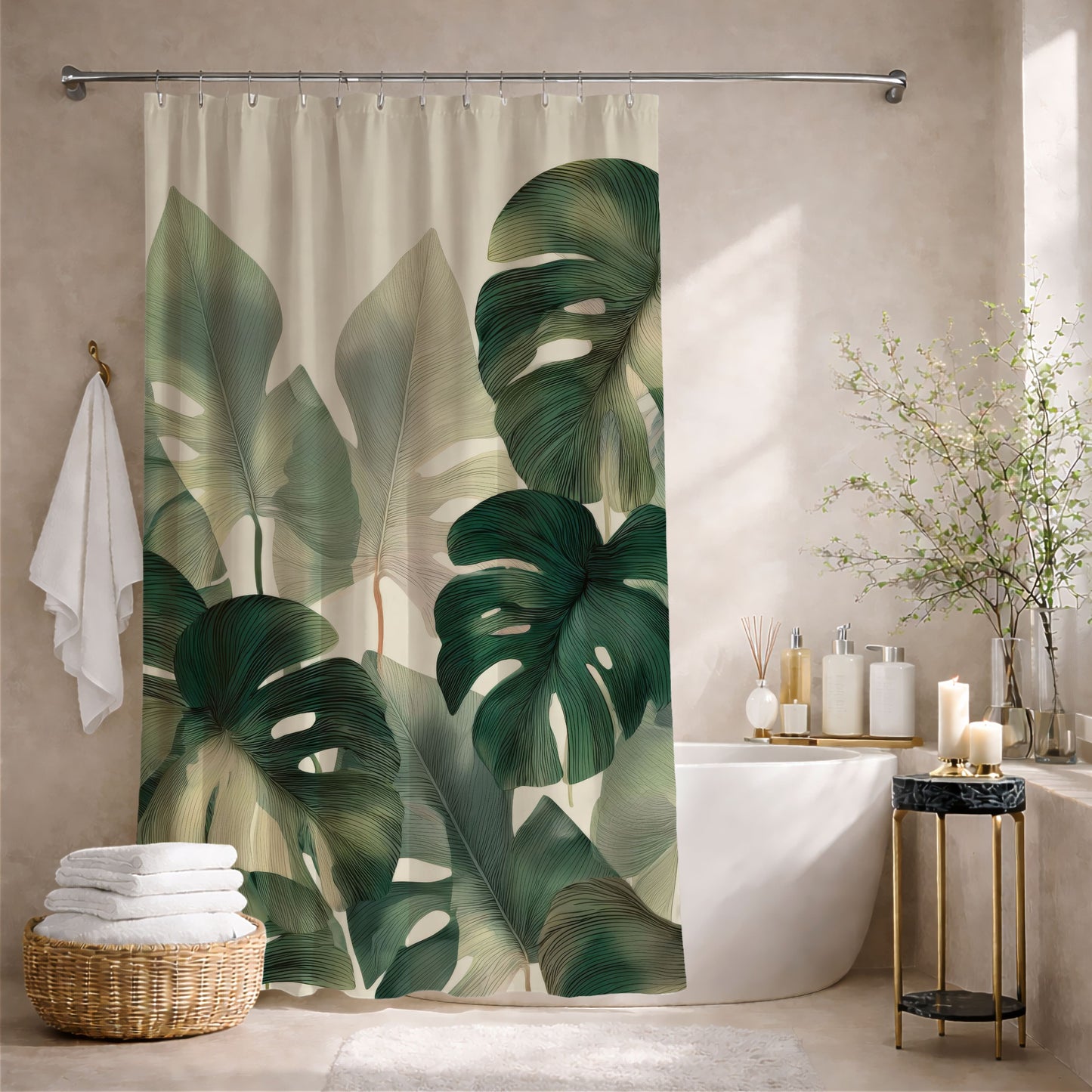 Monstera Shower Curtains, Tropical Botanical Bathroom Decor