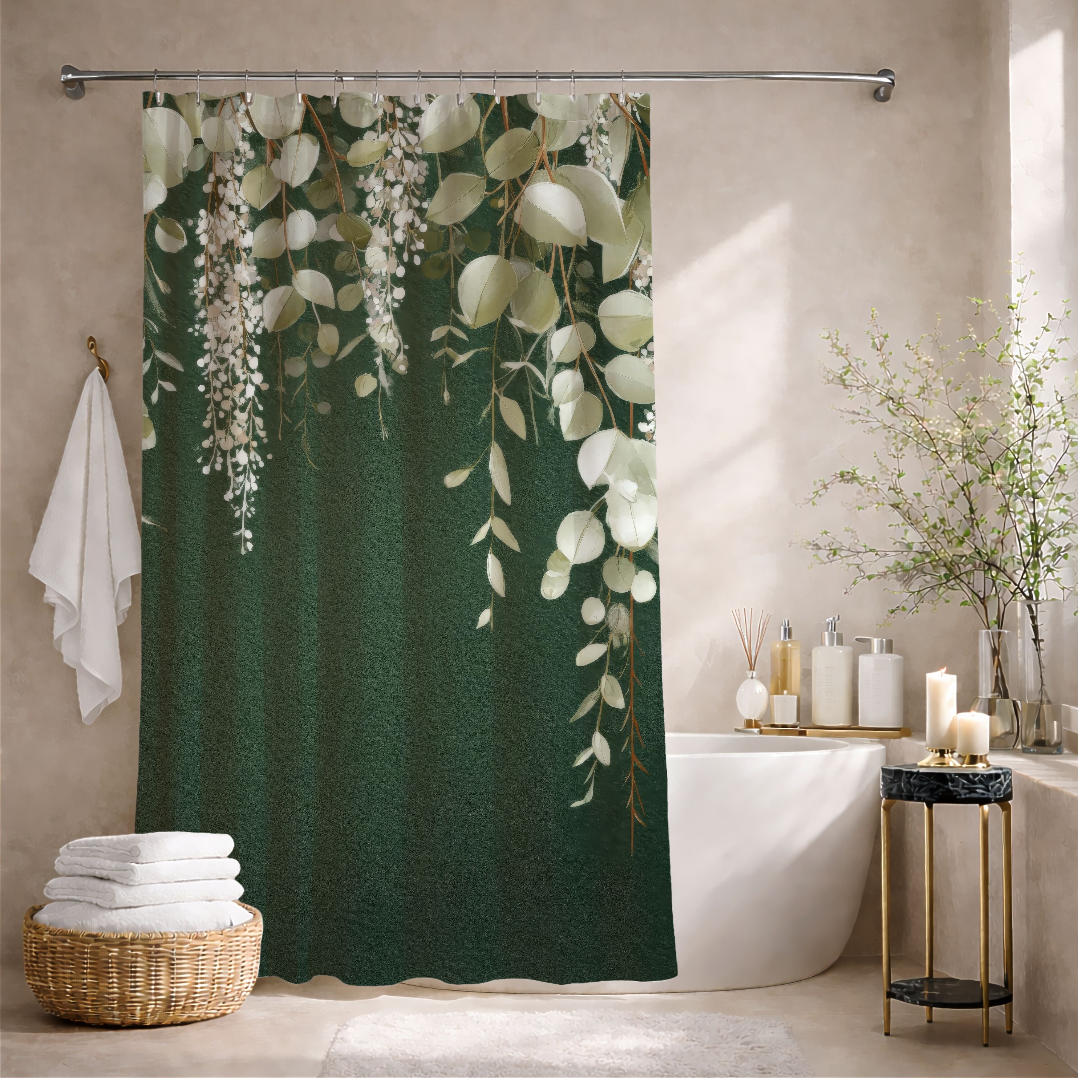 Dark Green Eucalyptus Shower Curtains, Boho Botanical Bathroom Decor