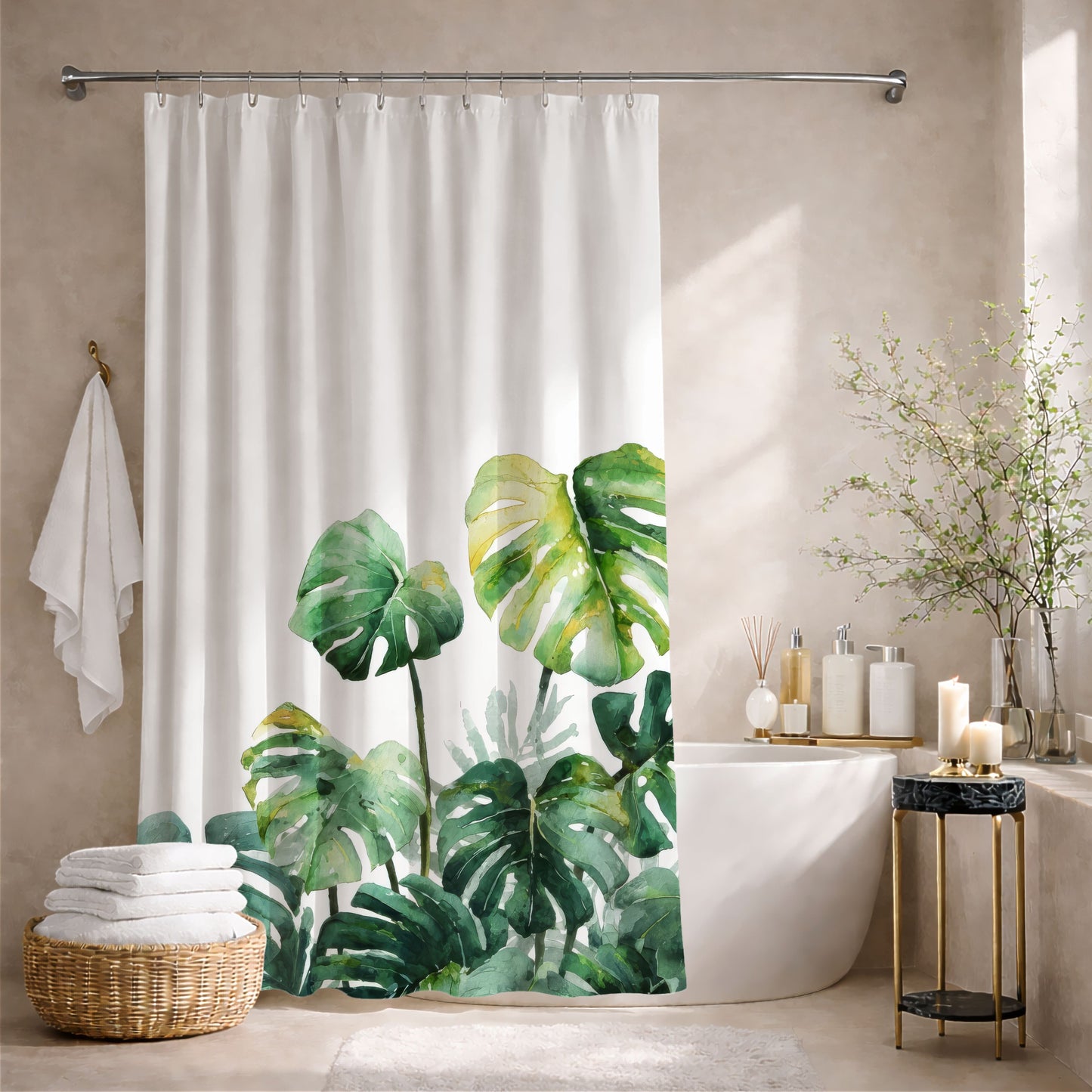 Watercolor Monstera Shower Curtains, Bright Tropical Botanical Bathroom Decor