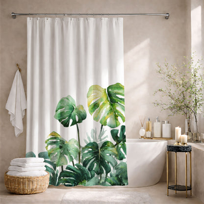 Watercolor Monstera Shower Curtains, Bright Tropical Botanical Bathroom Decor
