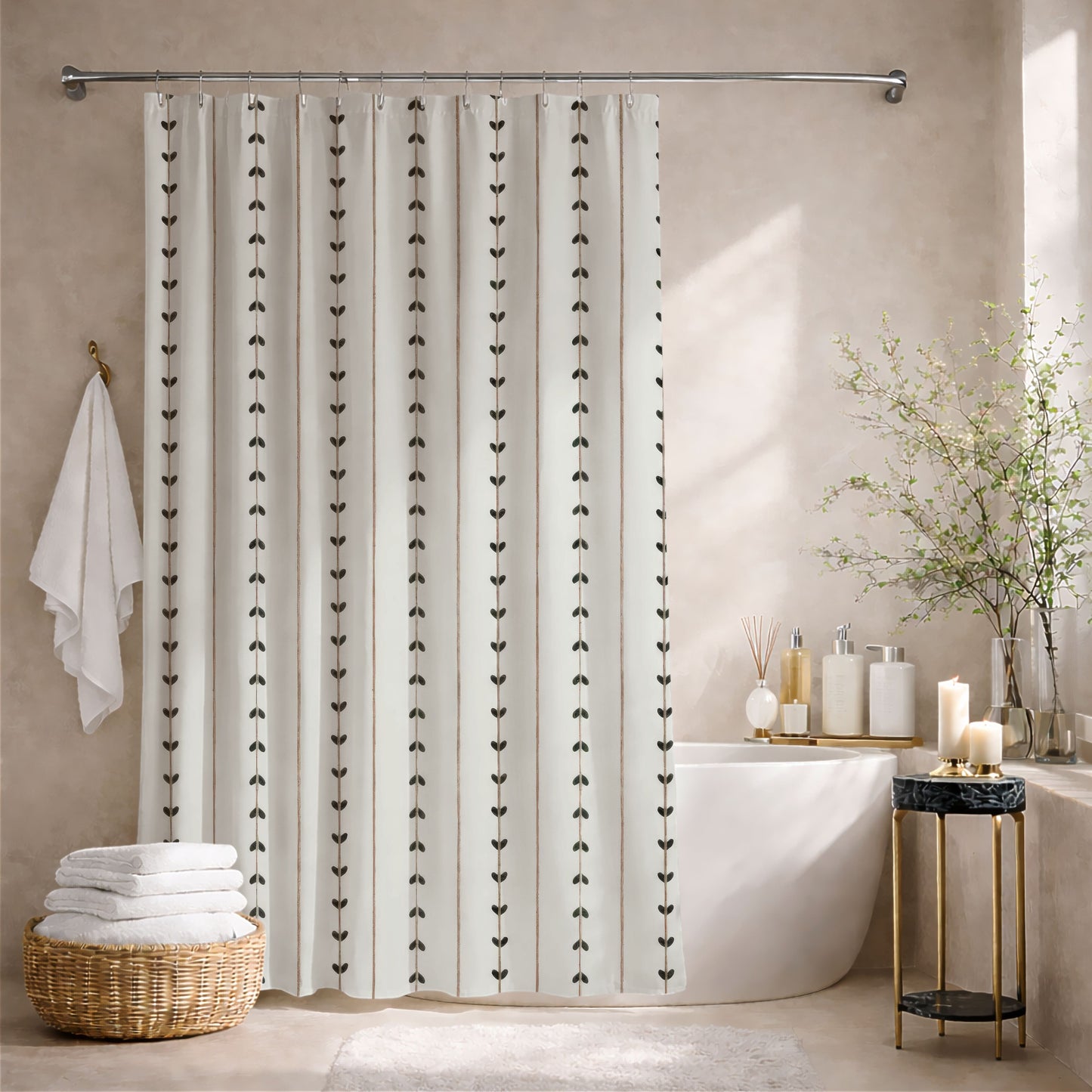 Minimalist Boho Shower Curtains, Modern Scandi Vine Stripe Bathroom Decor
