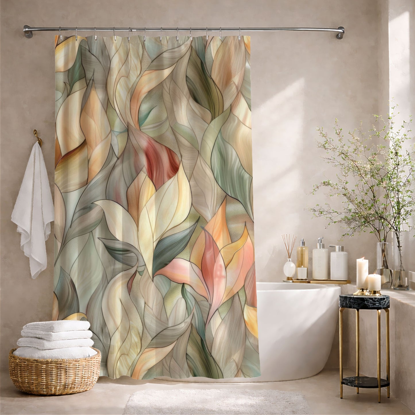 Stained Glass Leaves Design Shower Curtains, Minimalist Calming Botanical Bathroom
