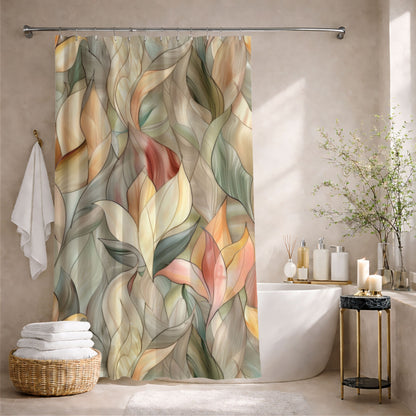 Stained Glass Leaves Design Shower Curtains, Minimalist Calming Botanical Bathroom