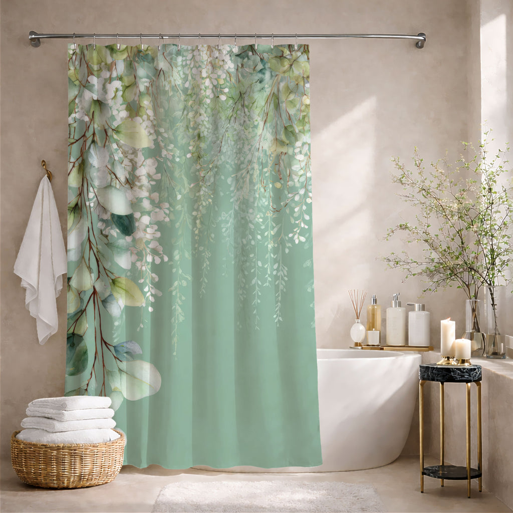 Cascading White Wisteria & Sage Eucalyptus Shower Curtains, Serene Luxury Bathroom Decor