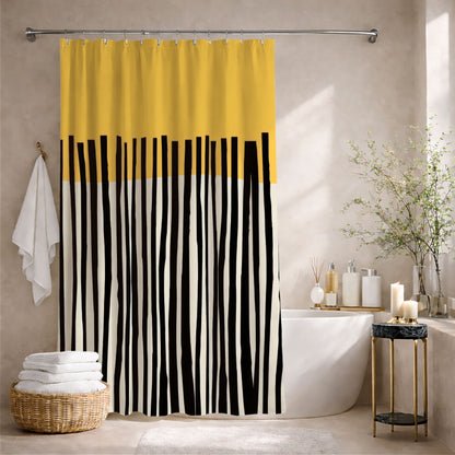 Abstract Birch Shower Curtains, Mustard and Charcoal Japandi Minimalist Bath Art