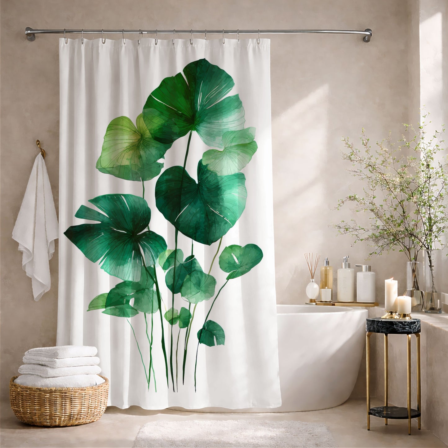Watercolor Monstera Shower Curtains, Tropical Botanical Bathroom Decor