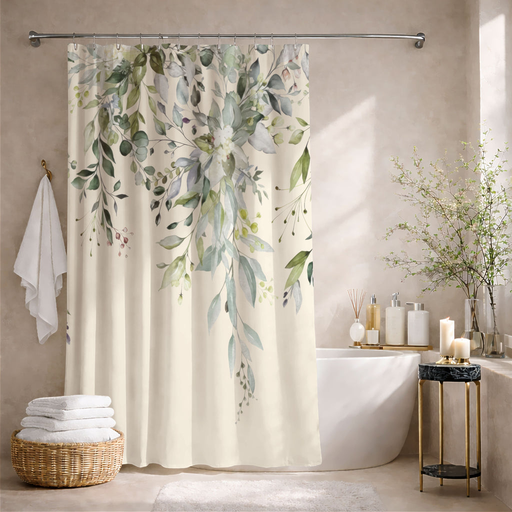 Watercolor Sage and Cream Eucalyptus Shower Curtains, Boho Bathroom Decor