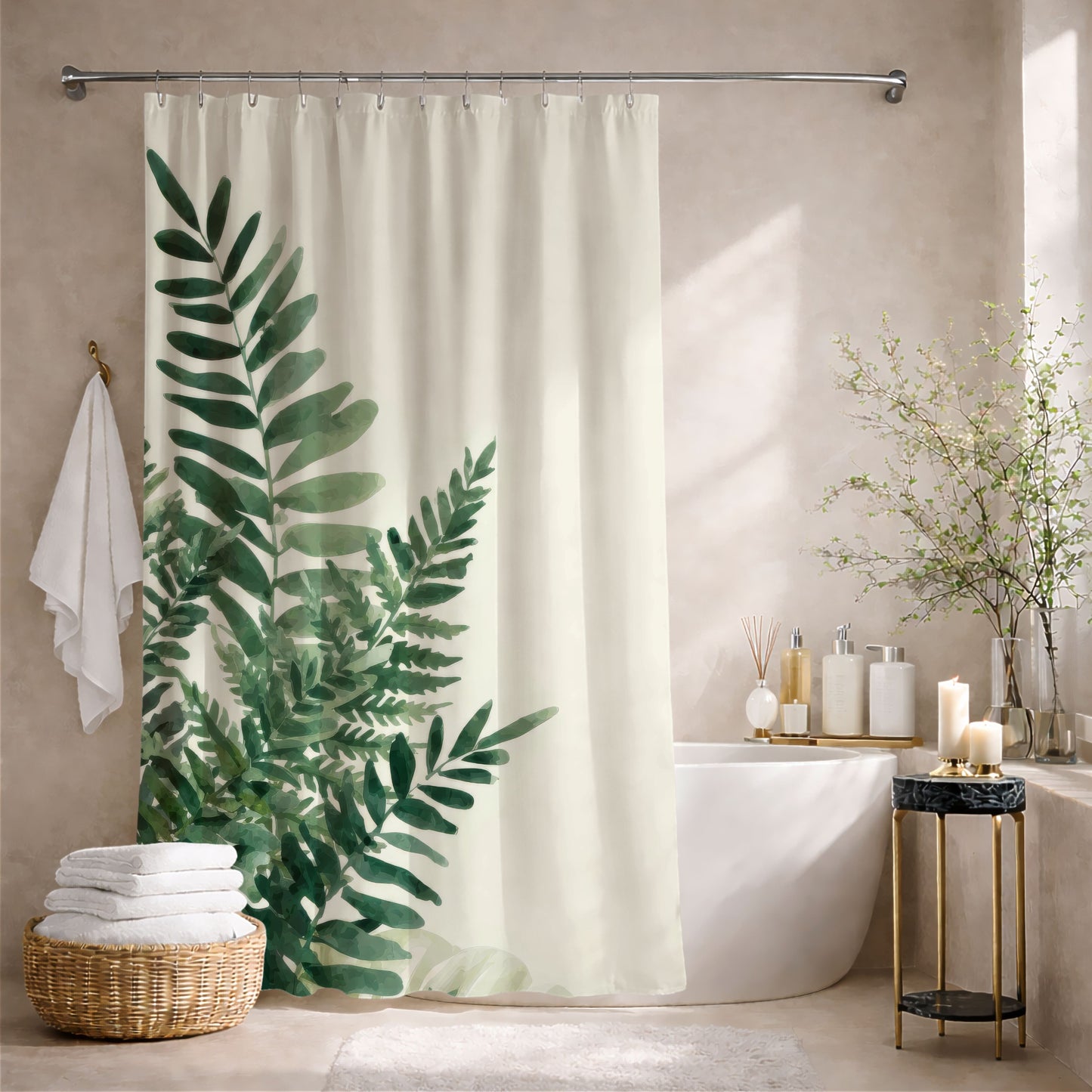 Watercolor Fern Shower Curtains, Modern Minimalist Organic Bath