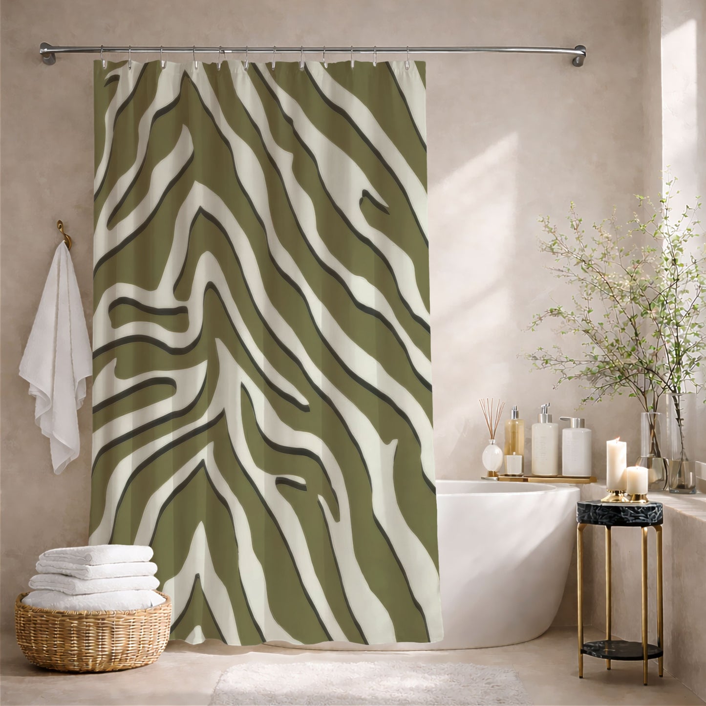 Sage Green Zebra Print Shower Curtains, Modern Chevron Animal Print Bathroom Decor