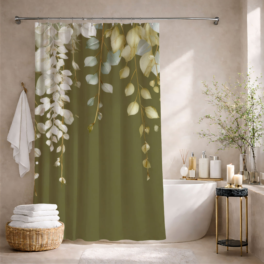 Olive Green Eucalyptus Shower Curtains, Modern Earthy Minimalist Bathroom