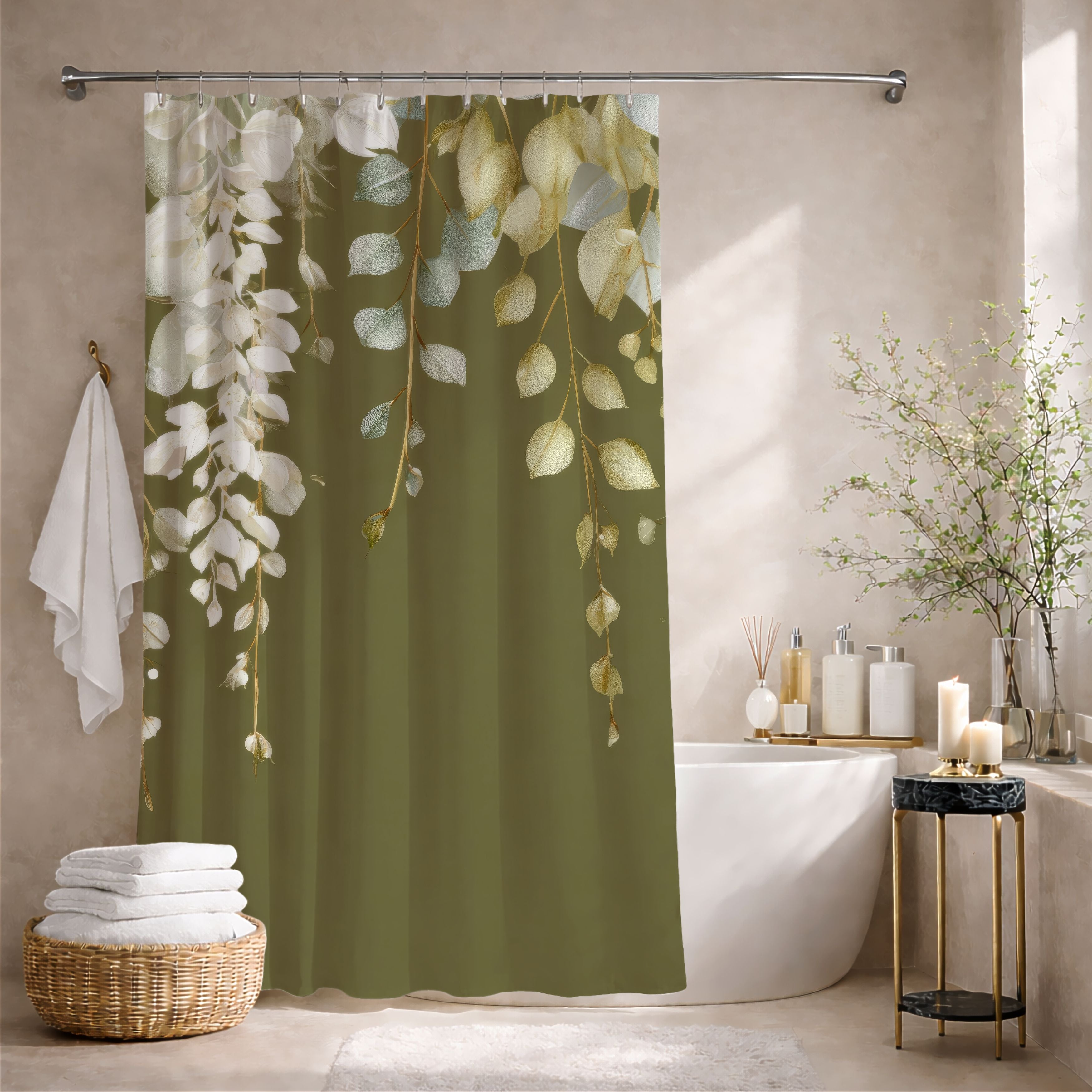 Olive Green Eucalyptus Shower Curtains, Modern Earthy Minimalist Bathroom