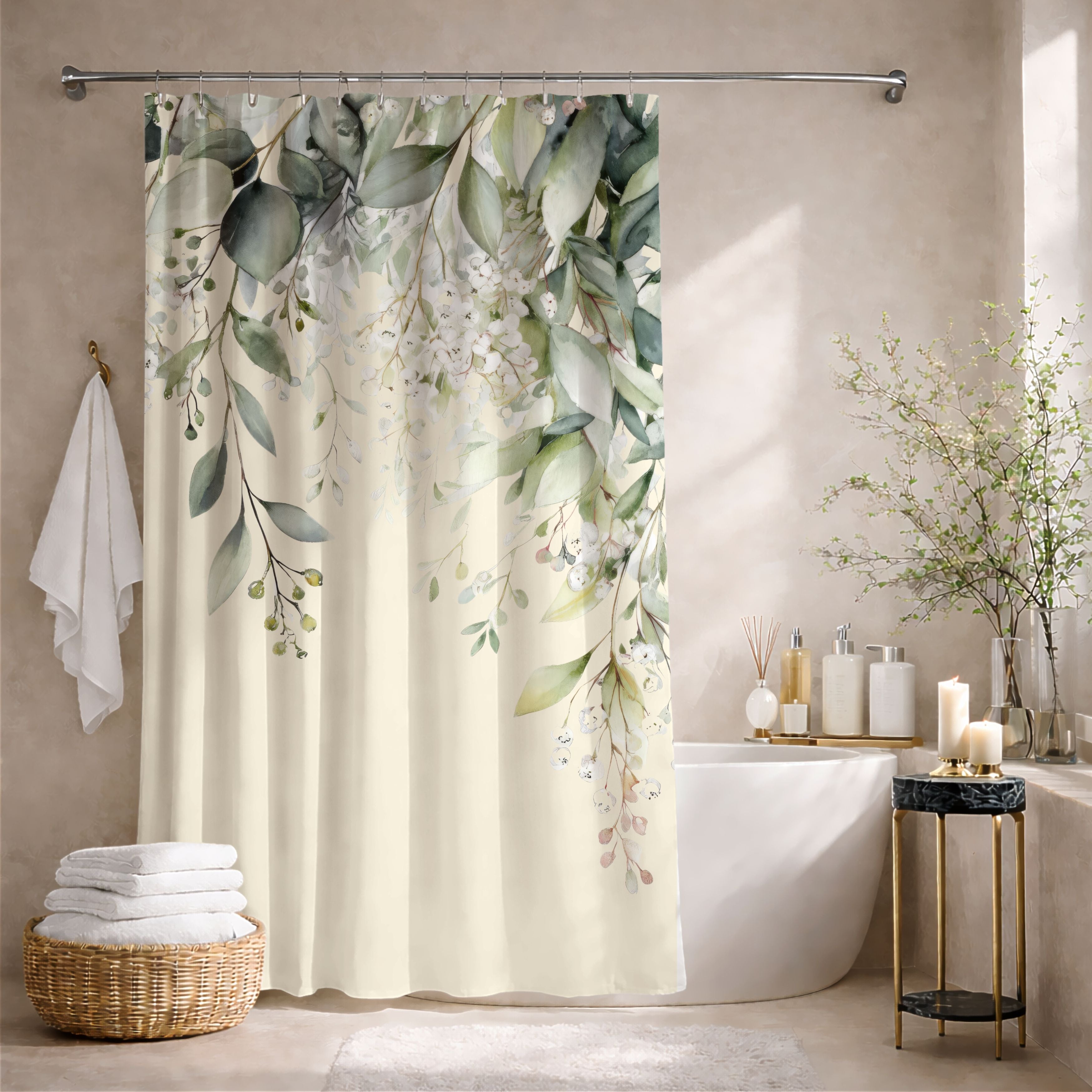 Soft Sage and Cream Eucalyptus Shower Curtains, Modern Organic Spa Bathroom