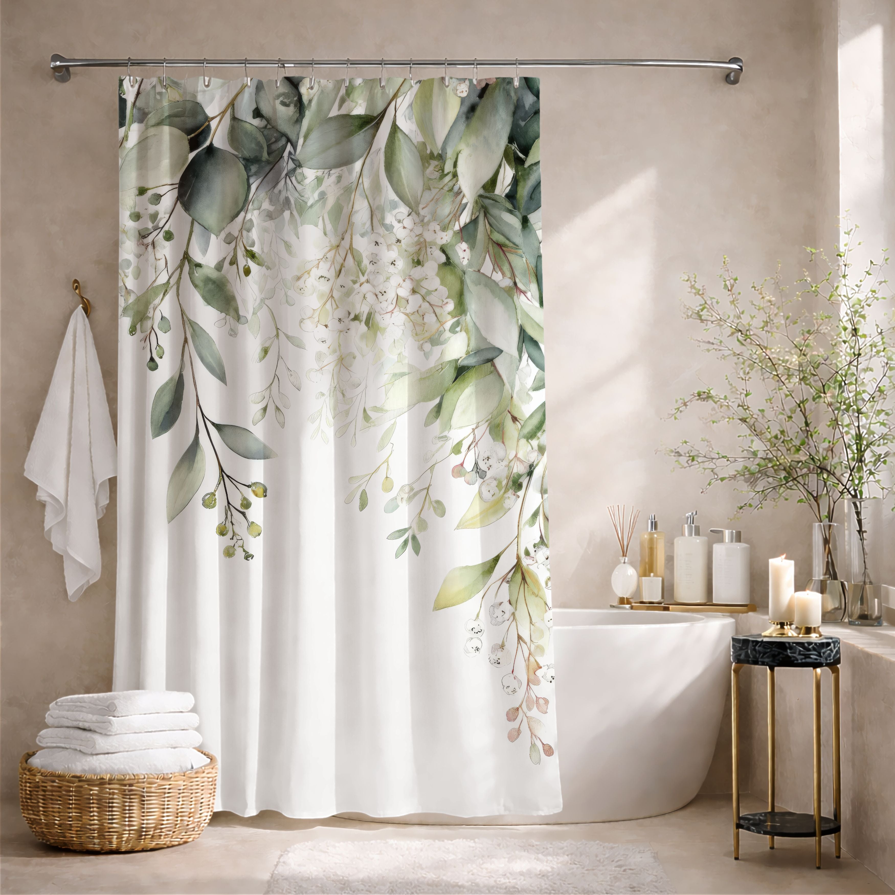 Watercolor Eucalyptus Shower Curtains, Botanical Green Bathroom Decor