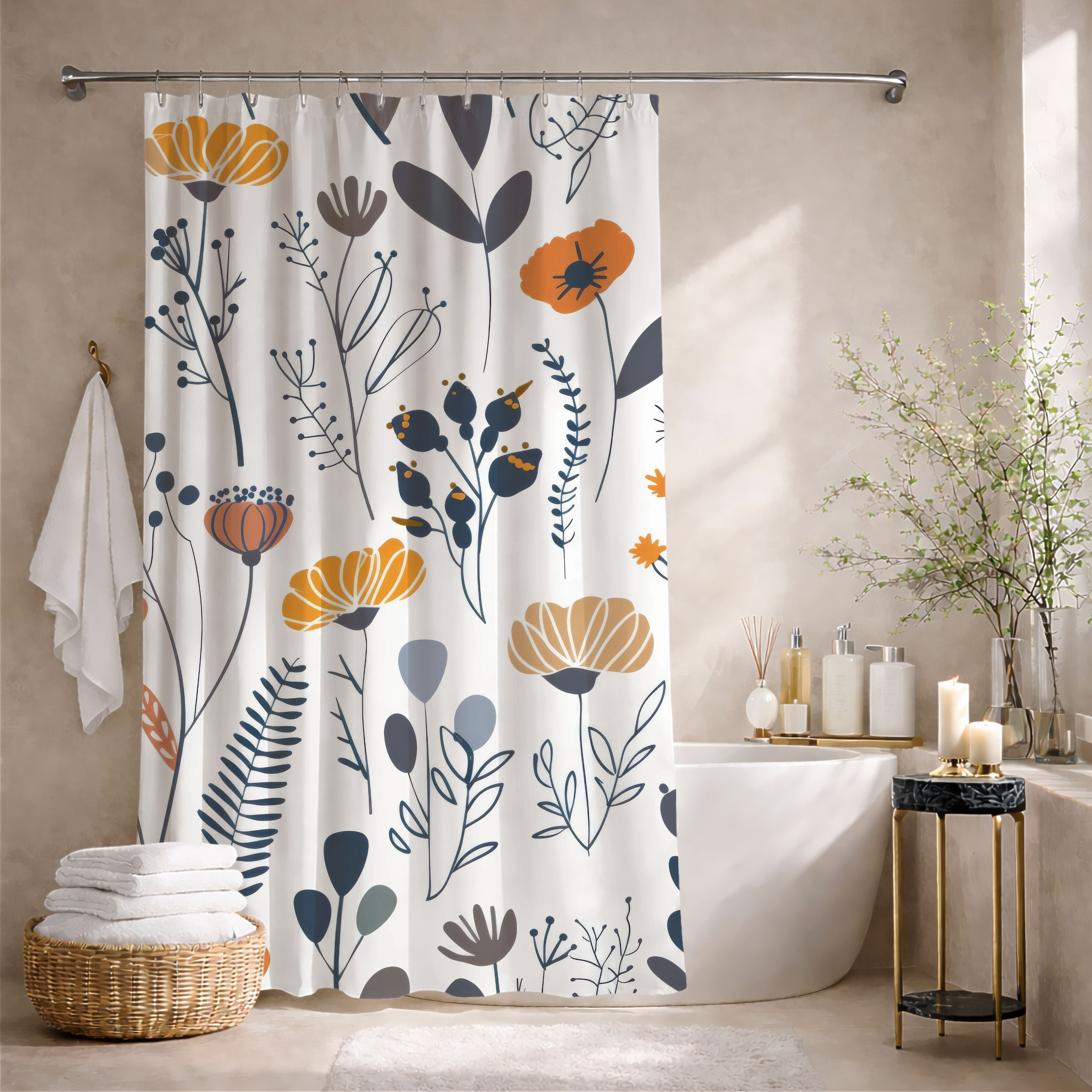 Minimalist Wildflower Shower Curtains, Retro Boho Bathroom Decor