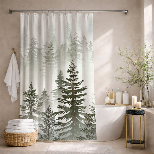 Watercolor Misty Pine Forest Shower Curtains, Serene Peaceful Bathroom Decor