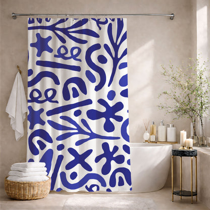 Blue Mediterranean Shower Curtains, Matisse Inspired Organic Shape Bathroom Decor