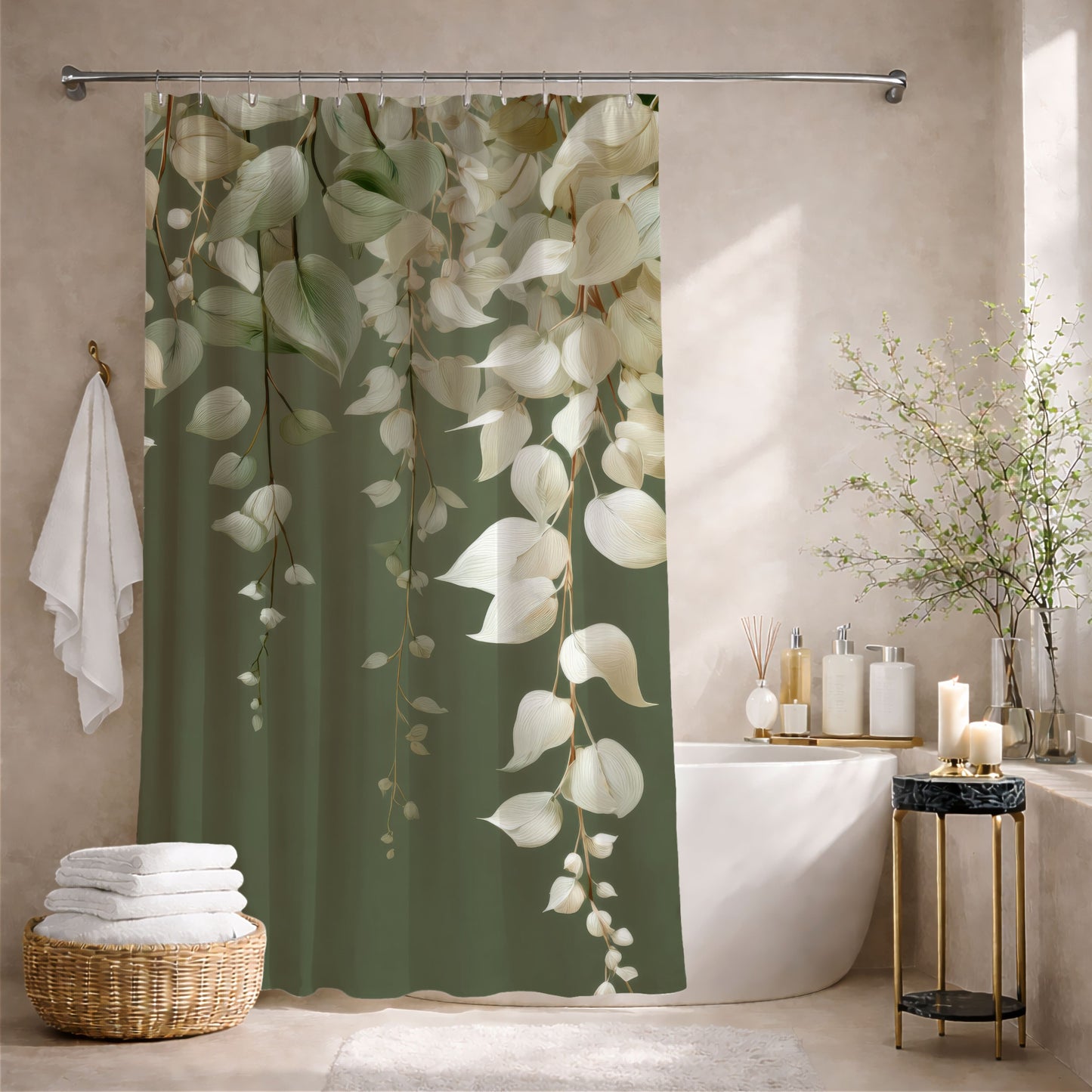 Moss Green Eucalyptus Shower Curtains, Elegant Neutral Organic Spa Style