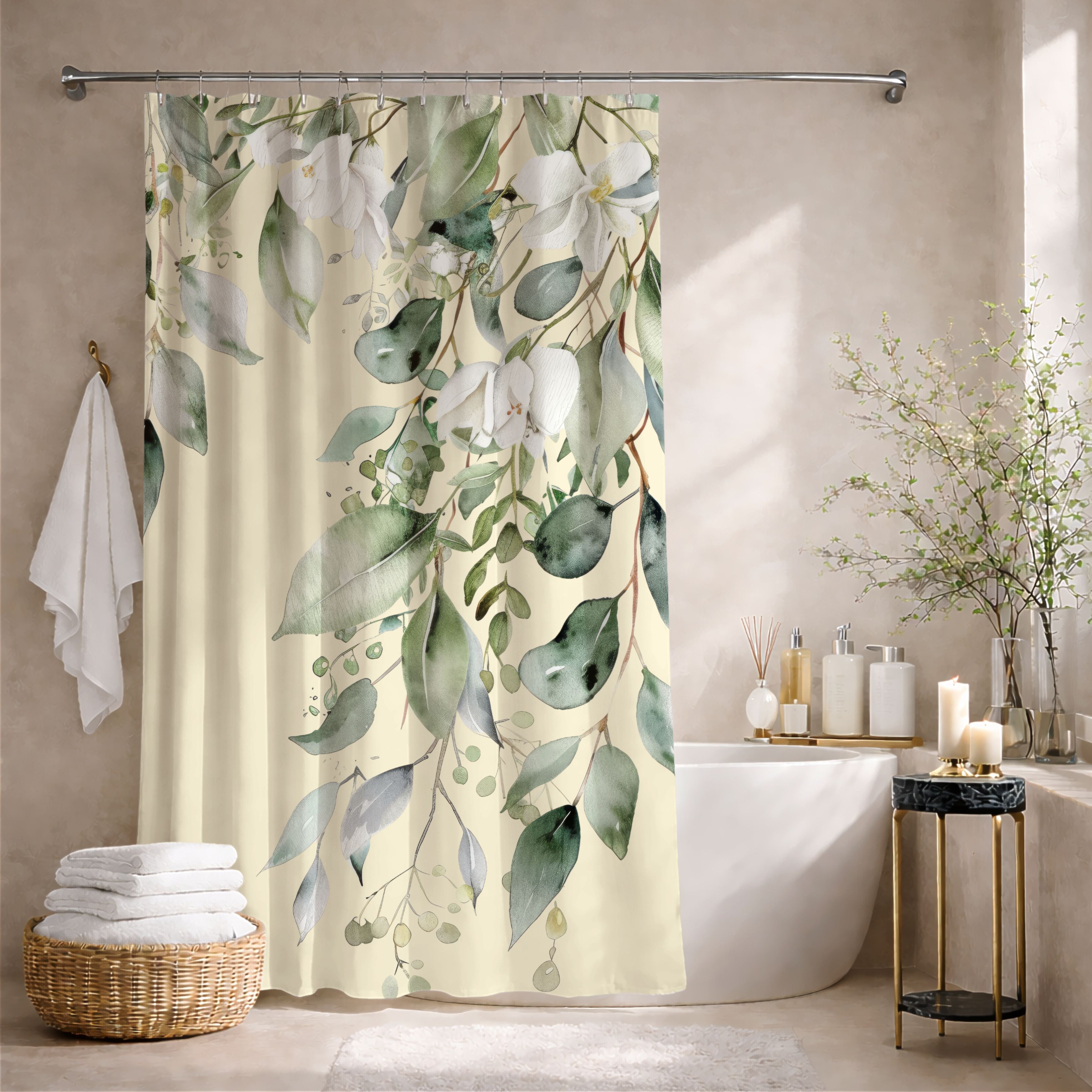 Soft Sage and Cream Eucalyptus Shower Curtains, Watercolor Floral Bathroom Decor